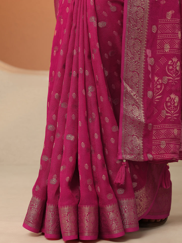 Pink Woven Design Georgette Saree With Unstitched Blouse Piece
