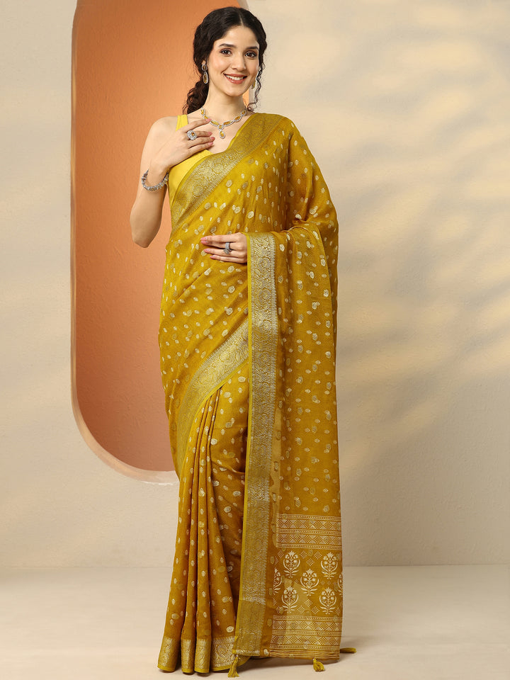 Yellow Woven Design Georgette Saree With Unstitched Blouse Piece
