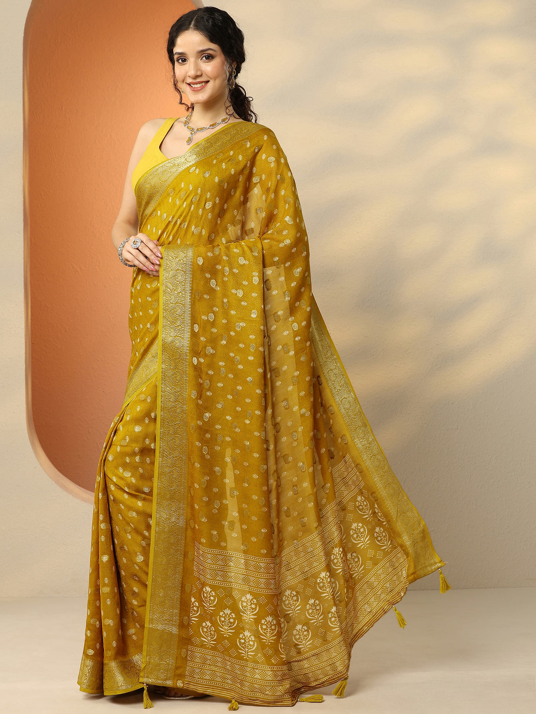 Yellow Woven Design Georgette Saree With Unstitched Blouse Piece