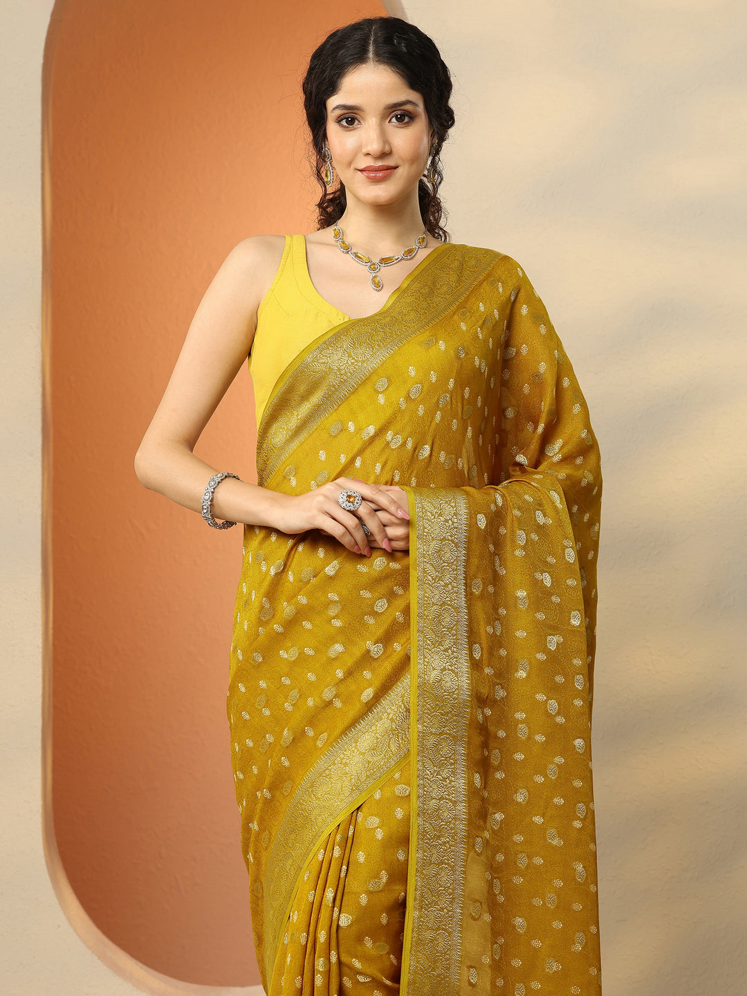 Yellow Woven Design Georgette Saree With Unstitched Blouse Piece