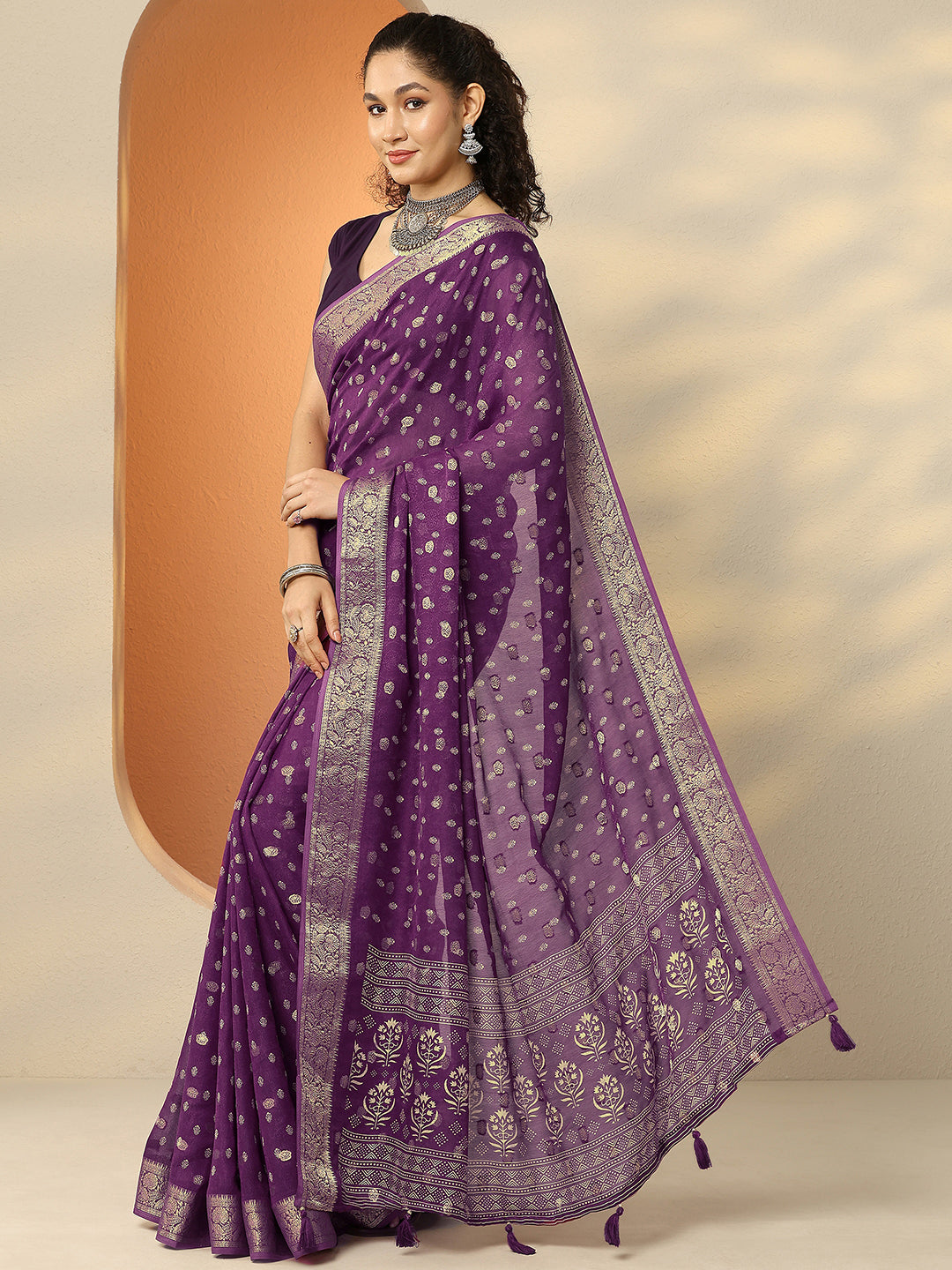 Burgundy Woven Design Georgette Saree With Unstitched Blouse Piece