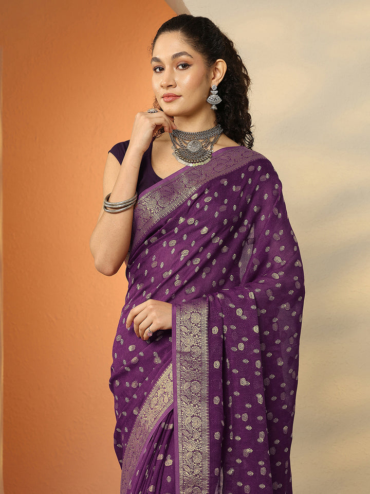 Burgundy Woven Design Georgette Saree With Unstitched Blouse Piece