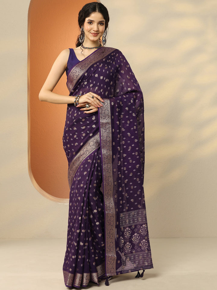 Purple Woven Design Georgette Saree With Unstitched Blouse Piece