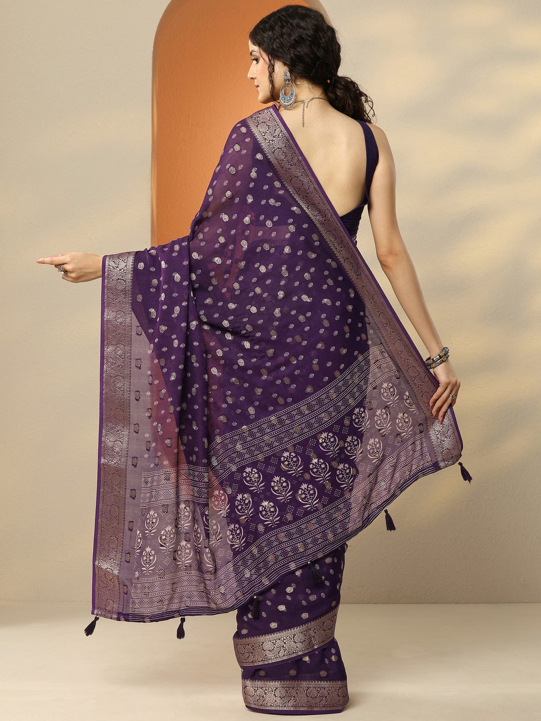 Purple Woven Design Georgette Saree With Unstitched Blouse Piece