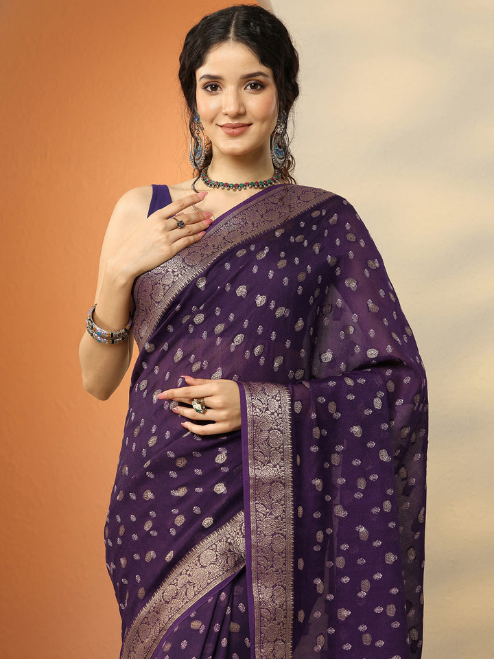 Purple Woven Design Georgette Saree With Unstitched Blouse Piece