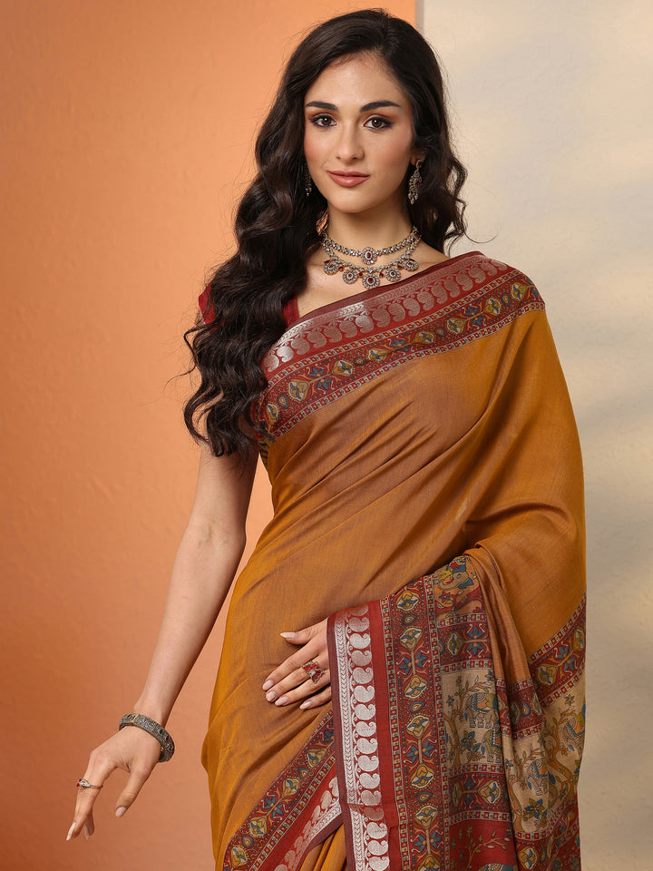 Mustard Printed Silk Blend Saree With Unstitched Blouse Piece