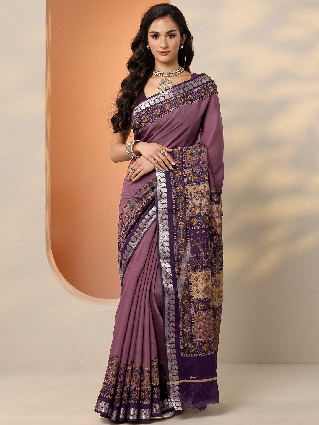Mauve Printed Silk Blend Saree With Unstitched Blouse Piece