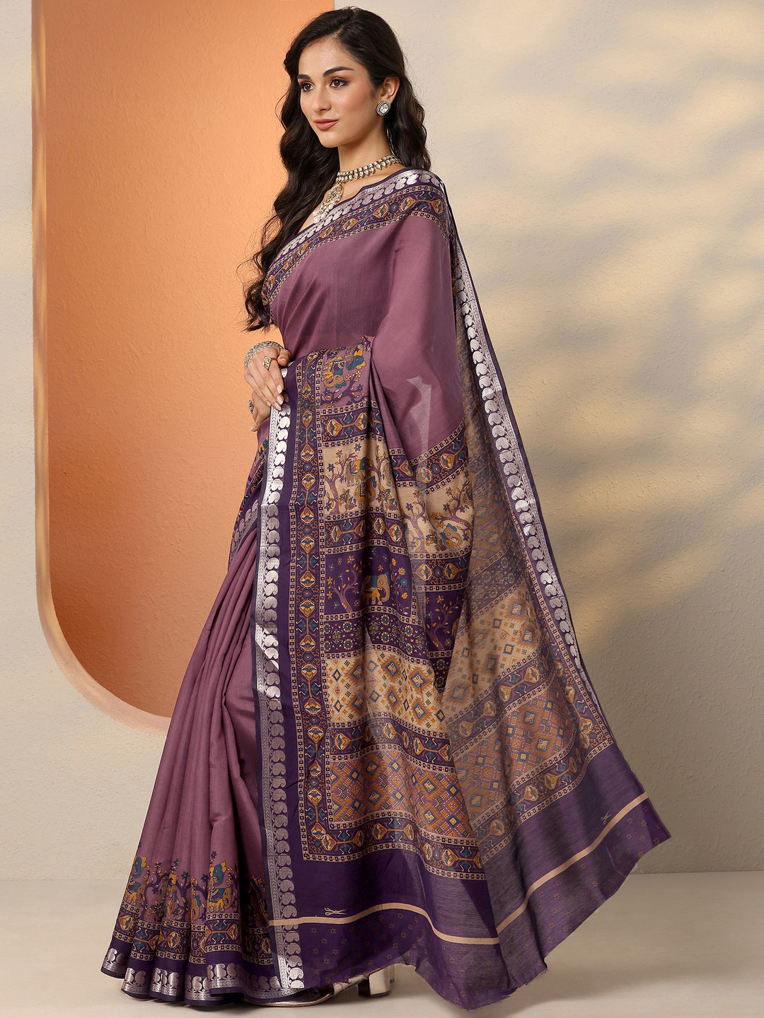 Mauve Printed Silk Blend Saree With Unstitched Blouse Piece