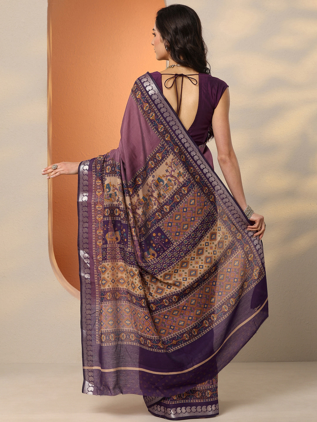 Mauve Printed Silk Blend Saree With Unstitched Blouse Piece
