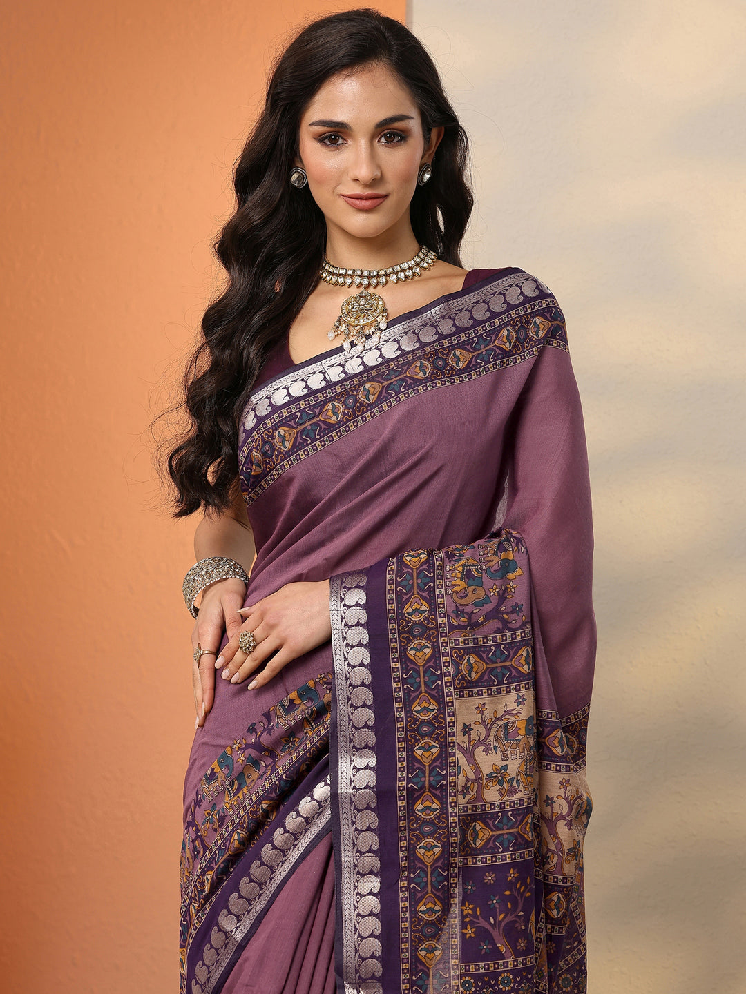 Mauve Printed Silk Blend Saree With Unstitched Blouse Piece