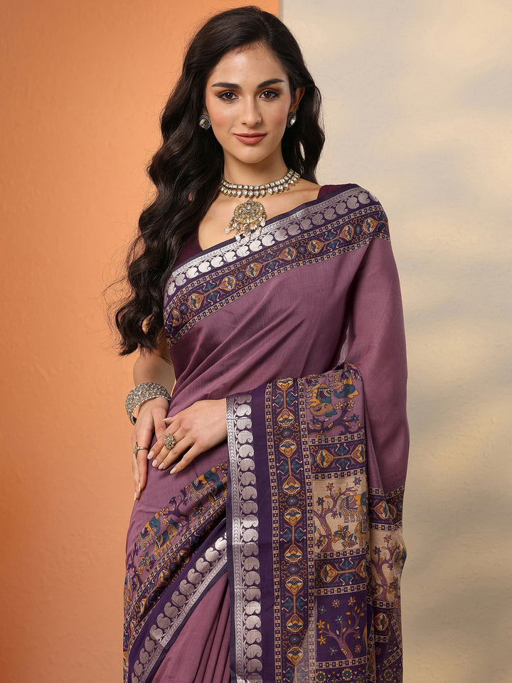 Mauve Printed Silk Blend Saree With Unstitched Blouse Piece