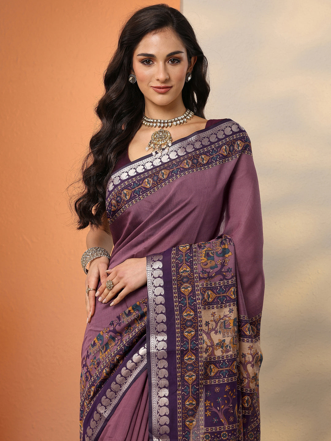 Mauve Printed Silk Blend Saree With Unstitched Blouse Piece