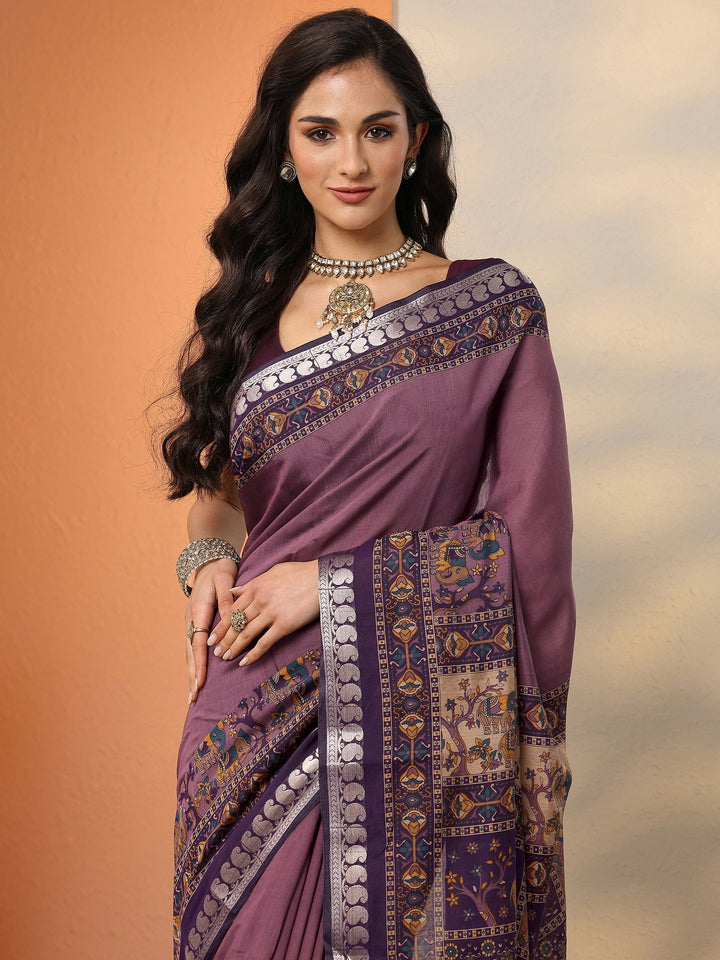 Mauve Printed Silk Blend Saree With Unstitched Blouse Piece