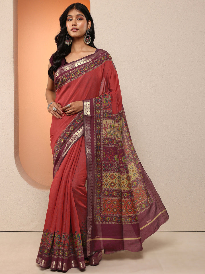 Rust Printed Silk Blend Saree With Unstitched Blouse Piece