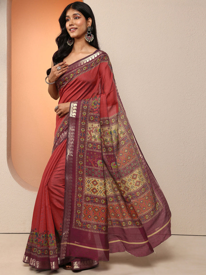 Rust Printed Silk Blend Saree With Unstitched Blouse Piece