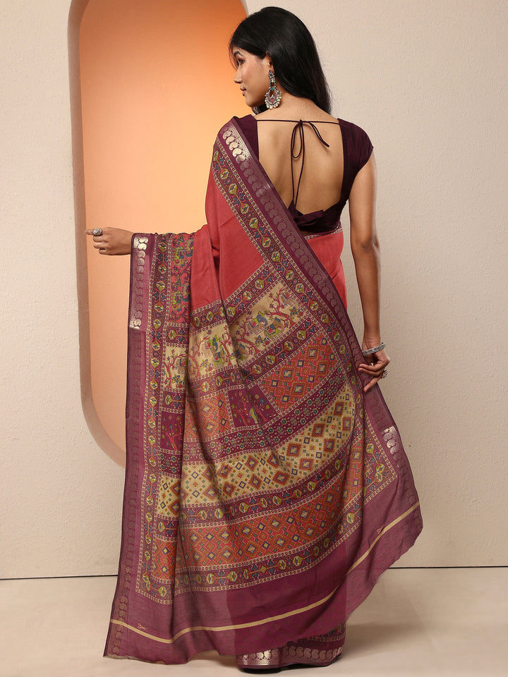 Rust Printed Silk Blend Saree With Unstitched Blouse Piece