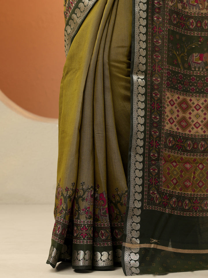 Green Printed Silk Blend Saree With Unstitched Blouse Piece