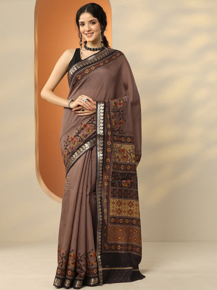 Taupe Printed Silk Blend Saree With Unstitched Blouse Piece