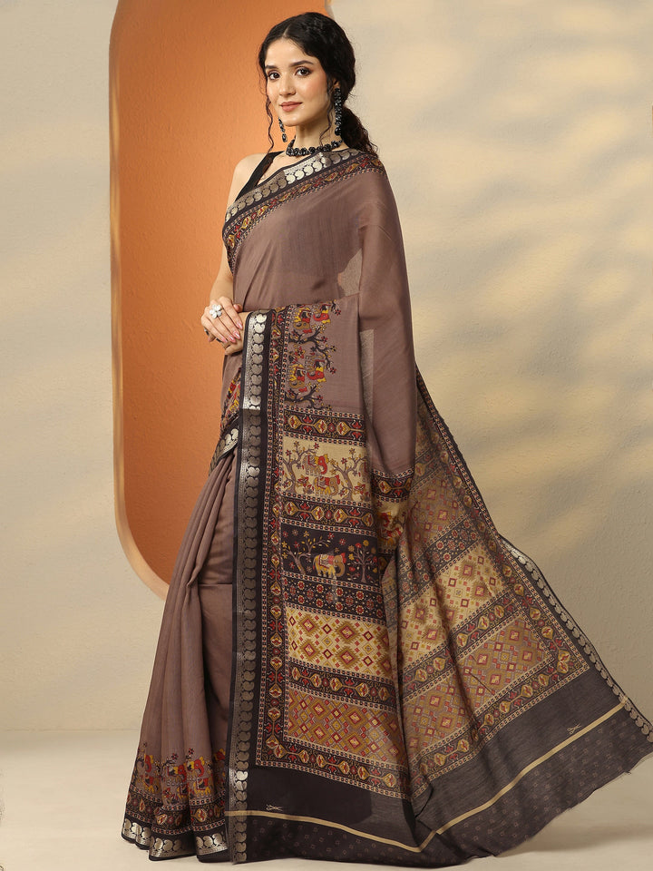 Taupe Printed Silk Blend Saree With Unstitched Blouse Piece