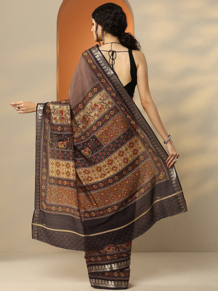 Taupe Printed Silk Blend Saree With Unstitched Blouse Piece