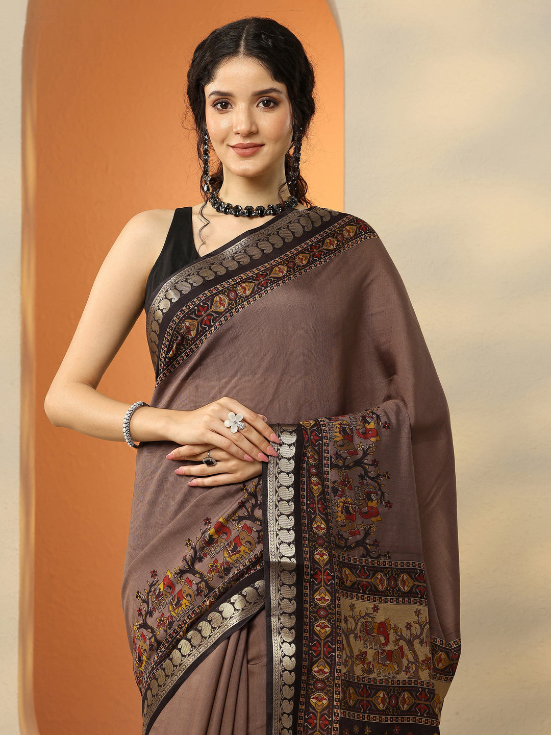 Taupe Printed Silk Blend Saree With Unstitched Blouse Piece
