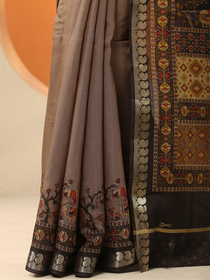 Taupe Printed Silk Blend Saree With Unstitched Blouse Piece