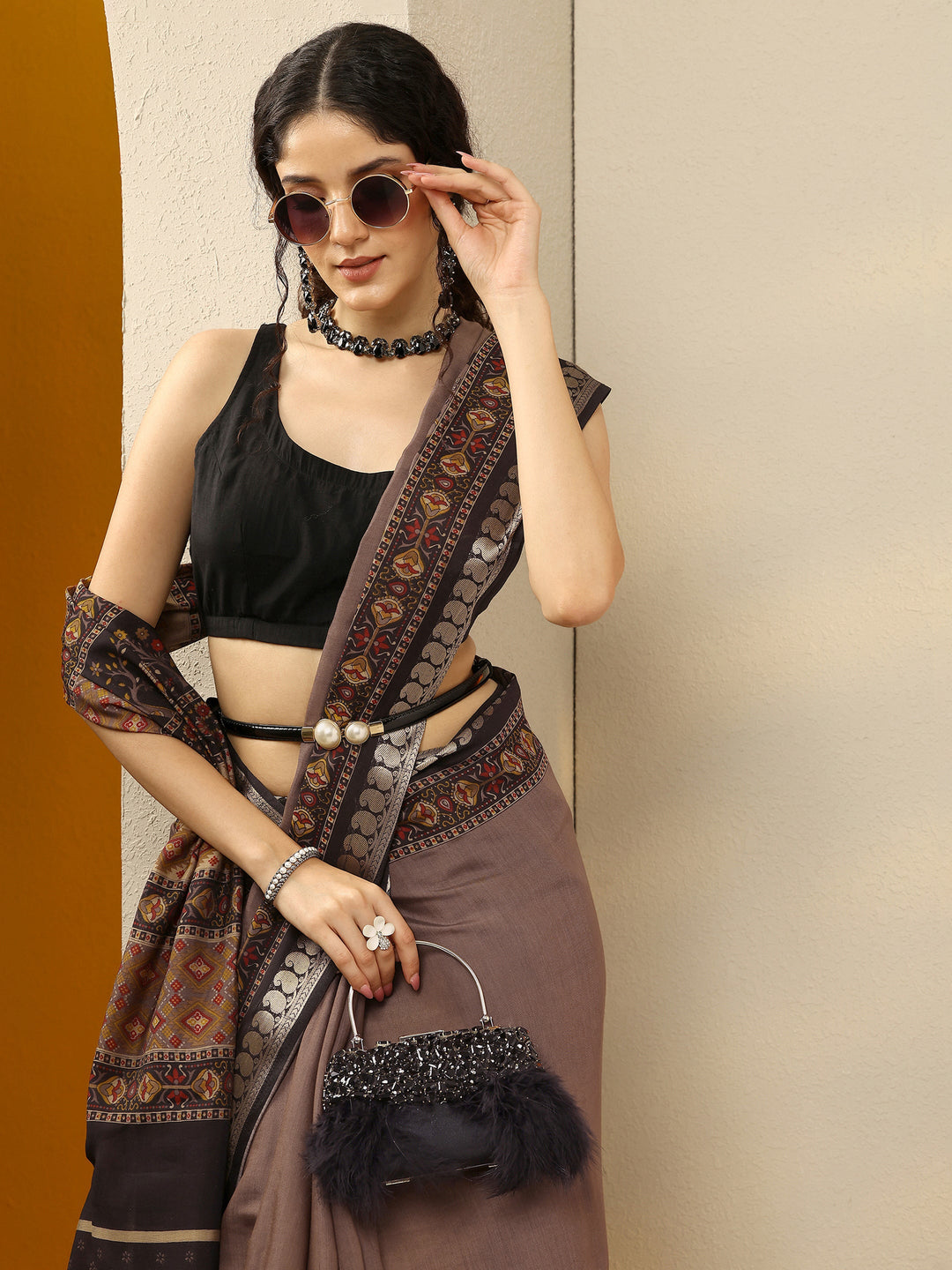 Taupe Printed Silk Blend Saree With Unstitched Blouse Piece