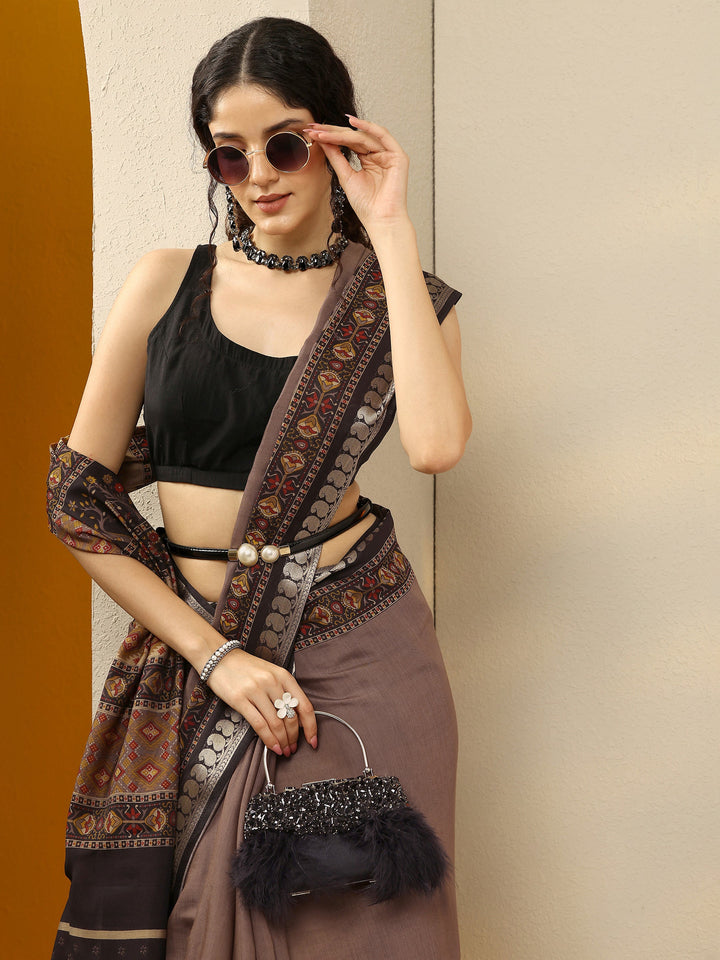 Taupe Printed Silk Blend Saree With Unstitched Blouse Piece