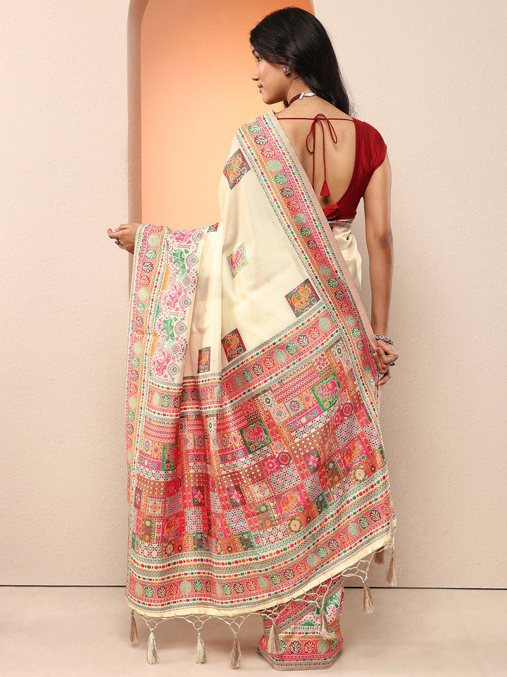 Beige Woven Design Silk Blend Saree With Unstitched Blouse Piece