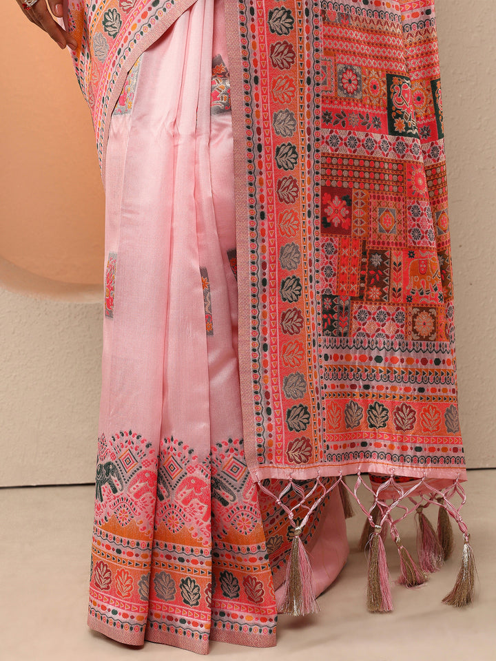 Pink Woven Design Silk Blend Saree With Unstitched Blouse Piece