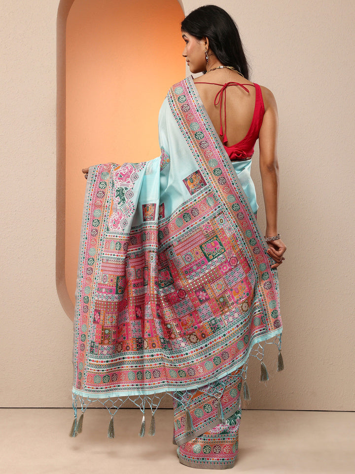 Blue Woven Design Silk Blend Saree With Unstitched Blouse Piece
