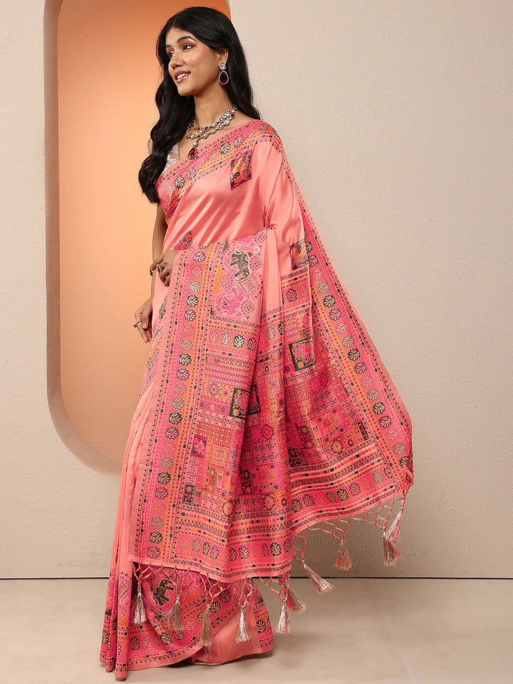Peach Woven Design Silk Blend Saree With Unstitched Blouse Piece