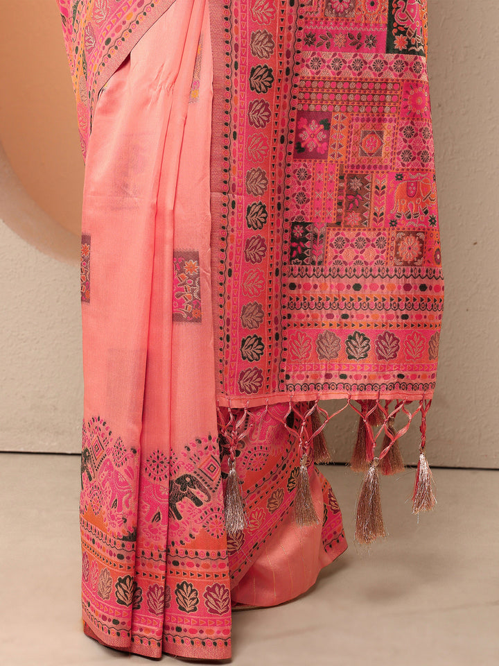 Peach Woven Design Silk Blend Saree With Unstitched Blouse Piece