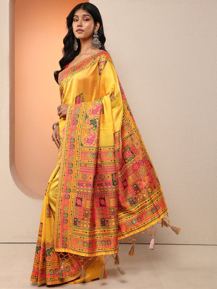 Yellow Woven Design Silk Blend Saree With Unstitched Blouse Piece