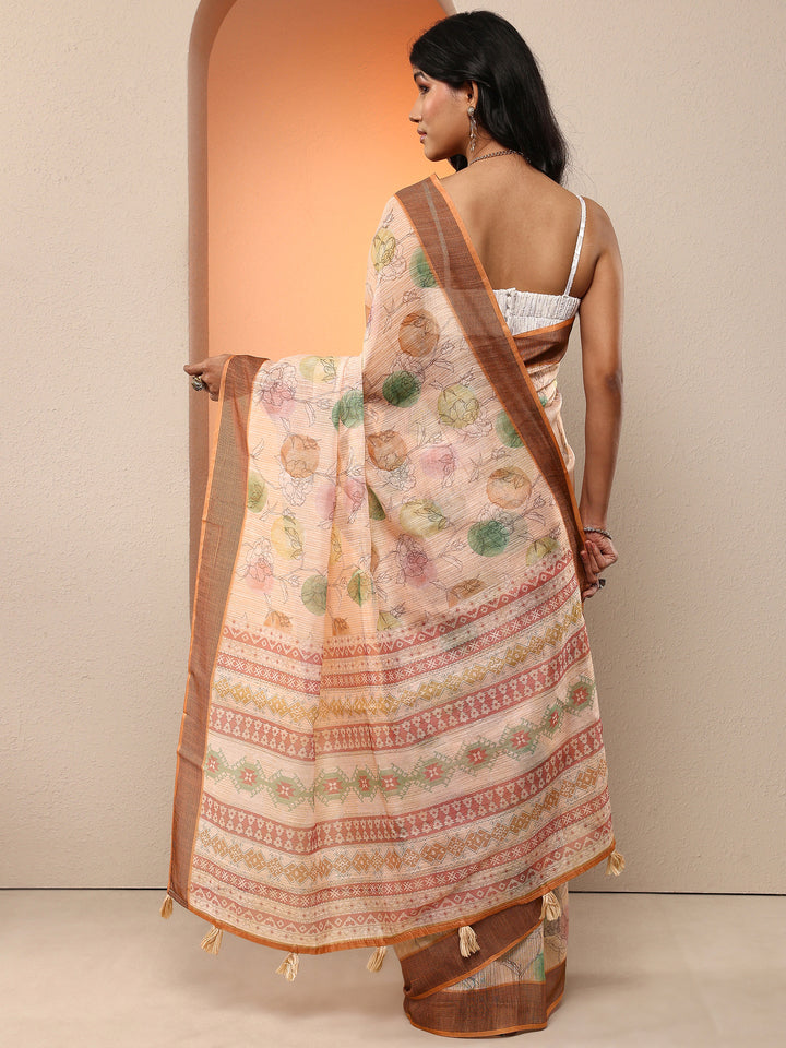 Peach Printed Linen Saree With Unstitched Blouse Piece
