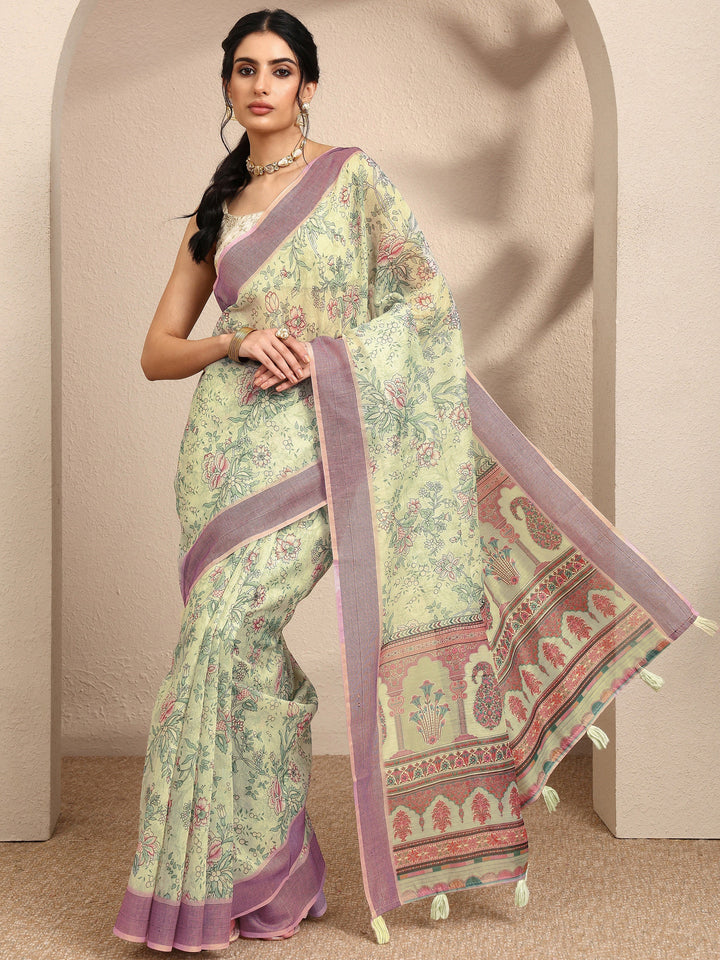 Green Printed Linen Saree With Unstitched Blouse Piece