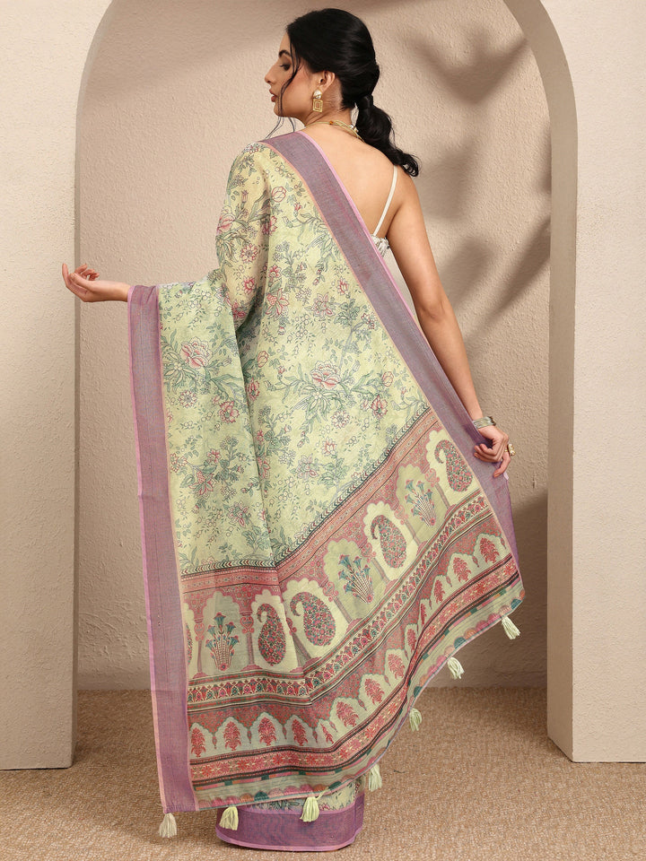 Green Printed Linen Saree With Unstitched Blouse Piece