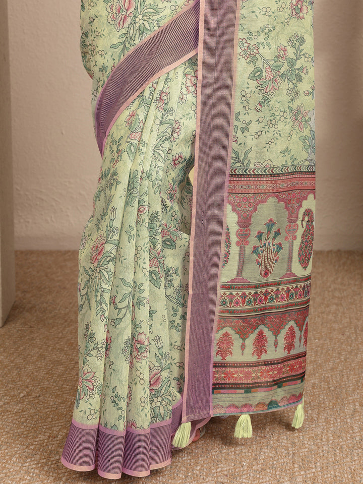 Green Printed Linen Saree With Unstitched Blouse Piece