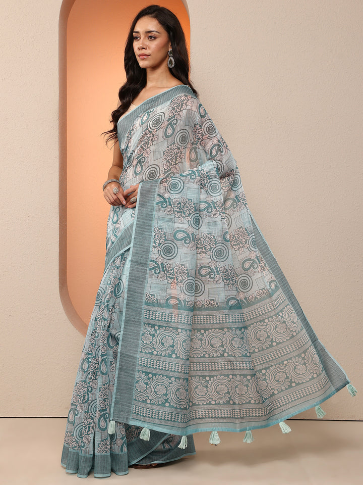 Blue Printed Linen Saree With Unstitched Blouse Piece