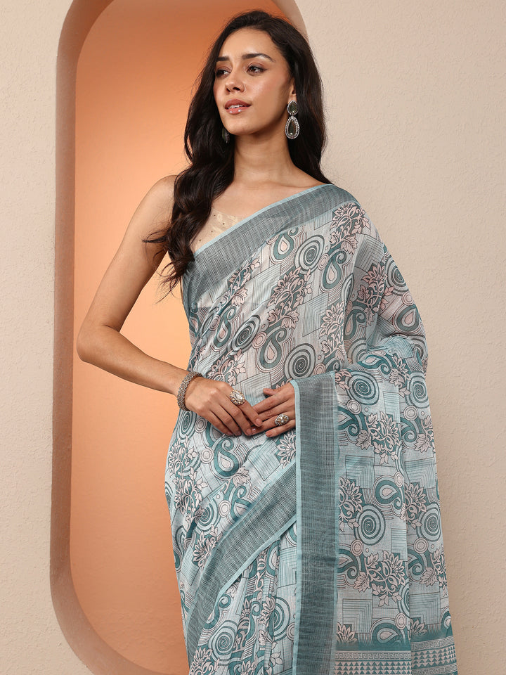 Blue Printed Linen Saree With Unstitched Blouse Piece