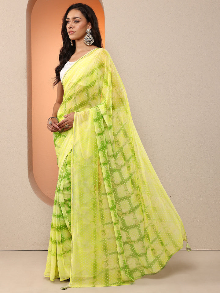 Green Bandhani Printed Georgette Saree With Unstitched Blouse Piece