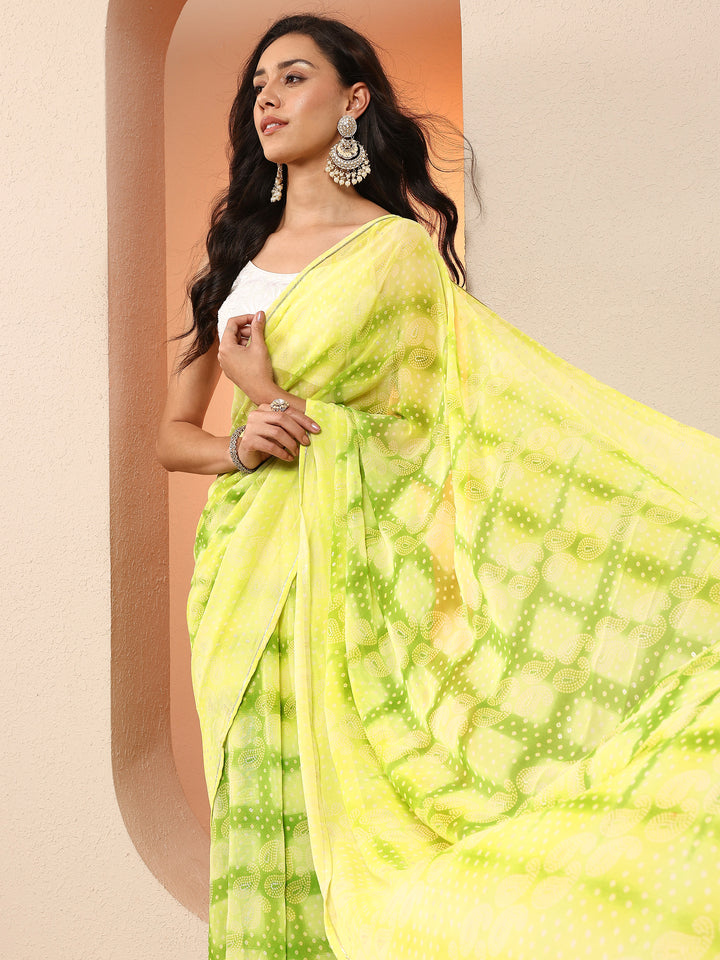 Green Bandhani Printed Georgette Saree With Unstitched Blouse Piece