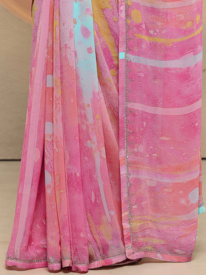 Multi Abstract Printed Georgette Saree With Unstitched Blouse Piece