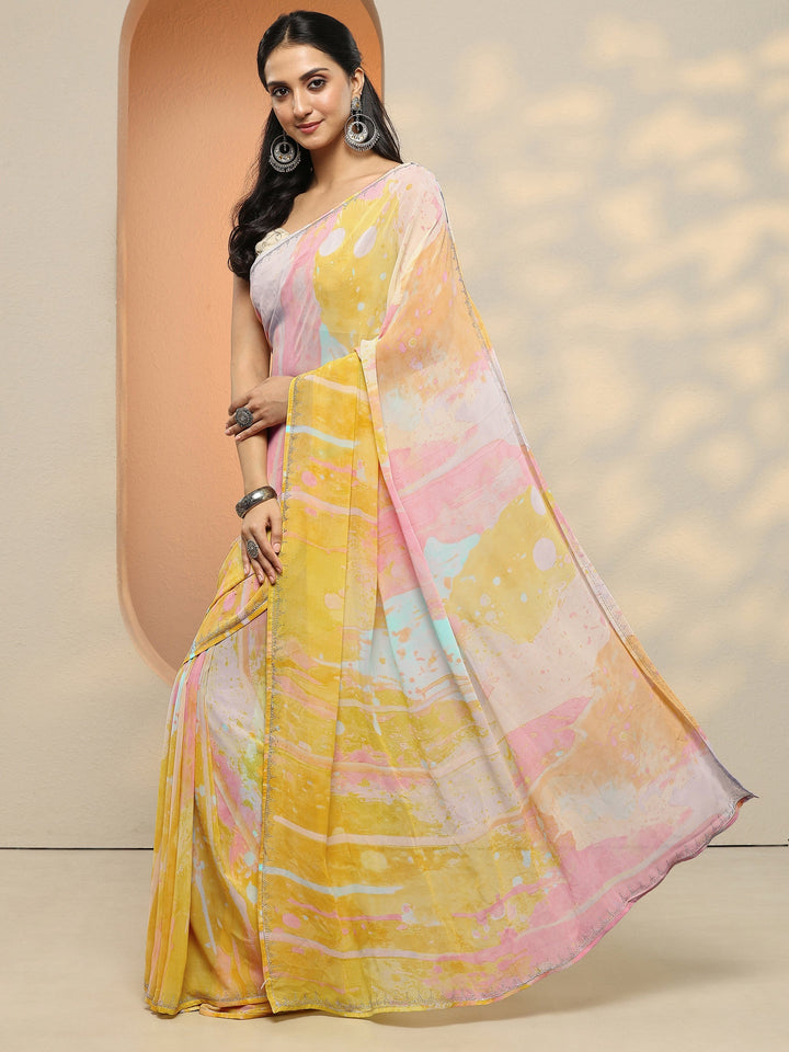 Multi Abstract Printed Georgette Saree With Unstitched Blouse Piece