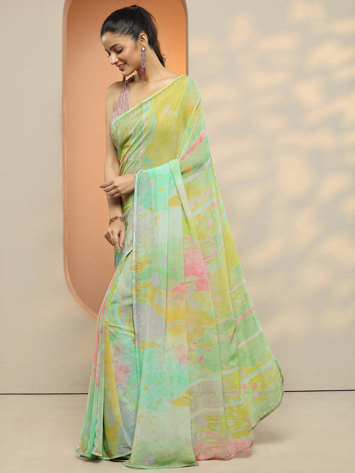 Multi Abstract Printed Georgette Saree With Unstitched Blouse Piece