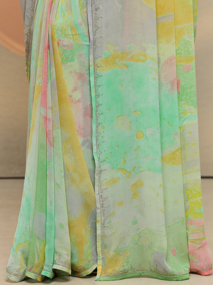 Multi Abstract Printed Georgette Saree With Unstitched Blouse Piece