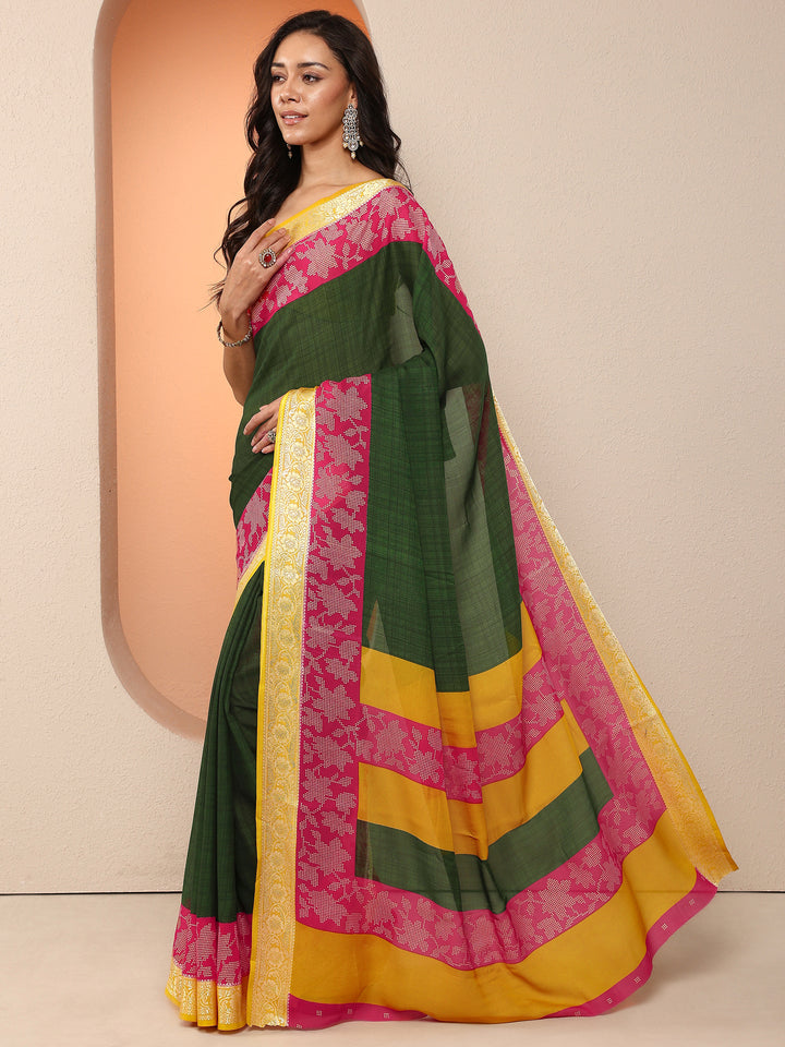 Green Printed Georgette Saree With Unstitched Blouse Piece