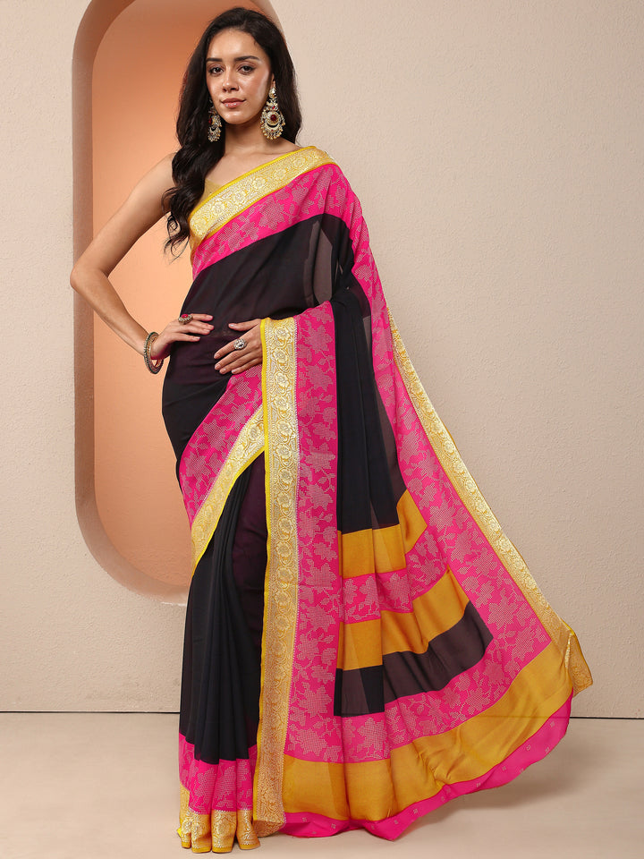 Black Solid Georgette Saree With Unstitched Blouse Piece