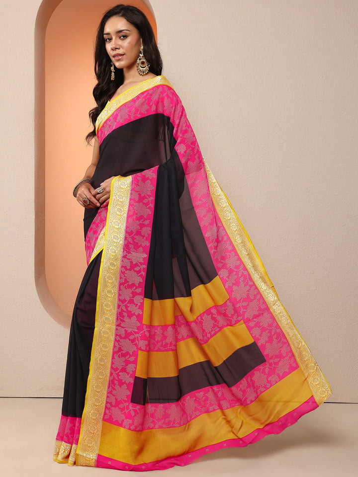 Black Solid Georgette Saree With Unstitched Blouse Piece