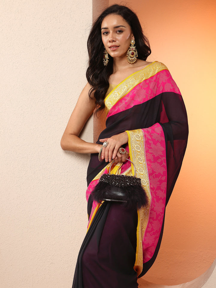 Black Solid Georgette Saree With Unstitched Blouse Piece